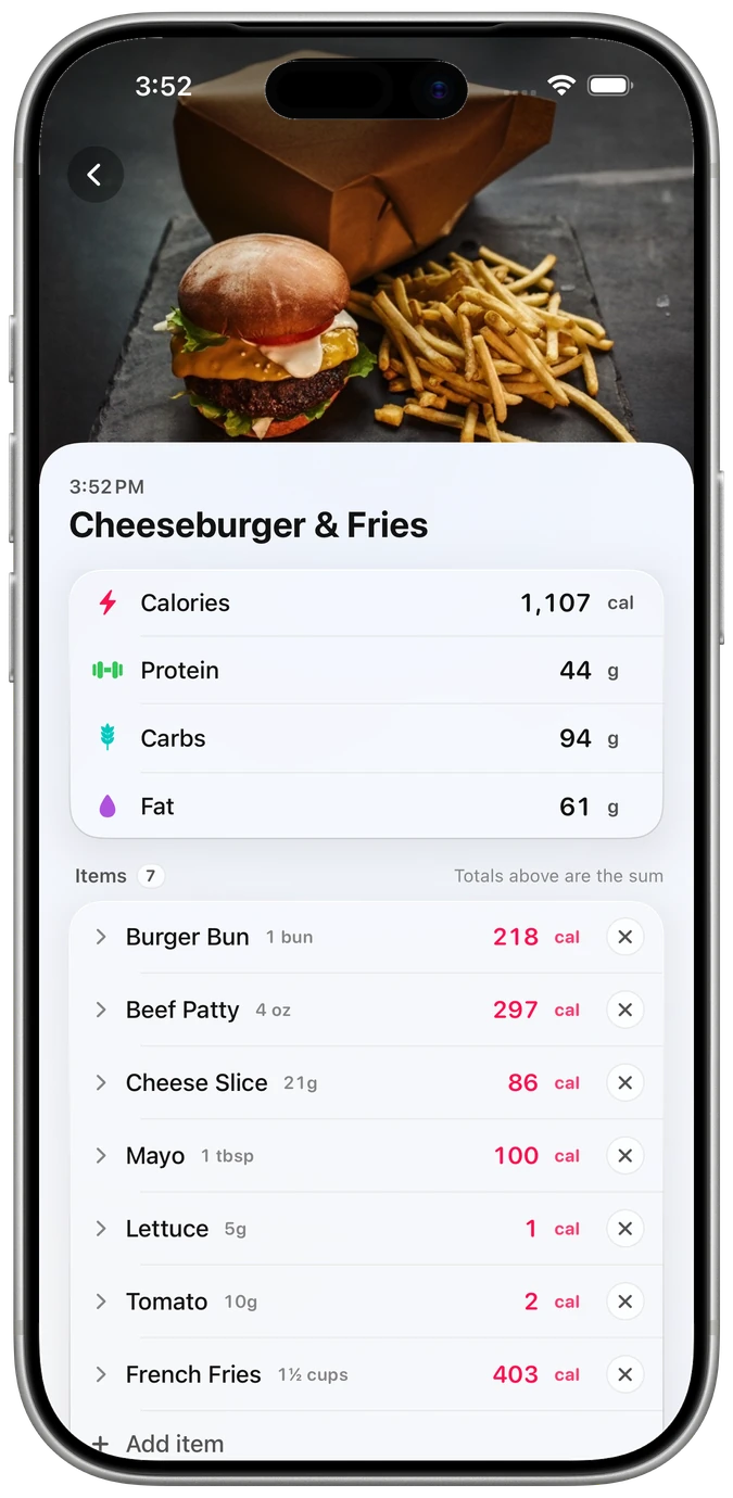 Cheeseburger and fries broken down in Meal Pic