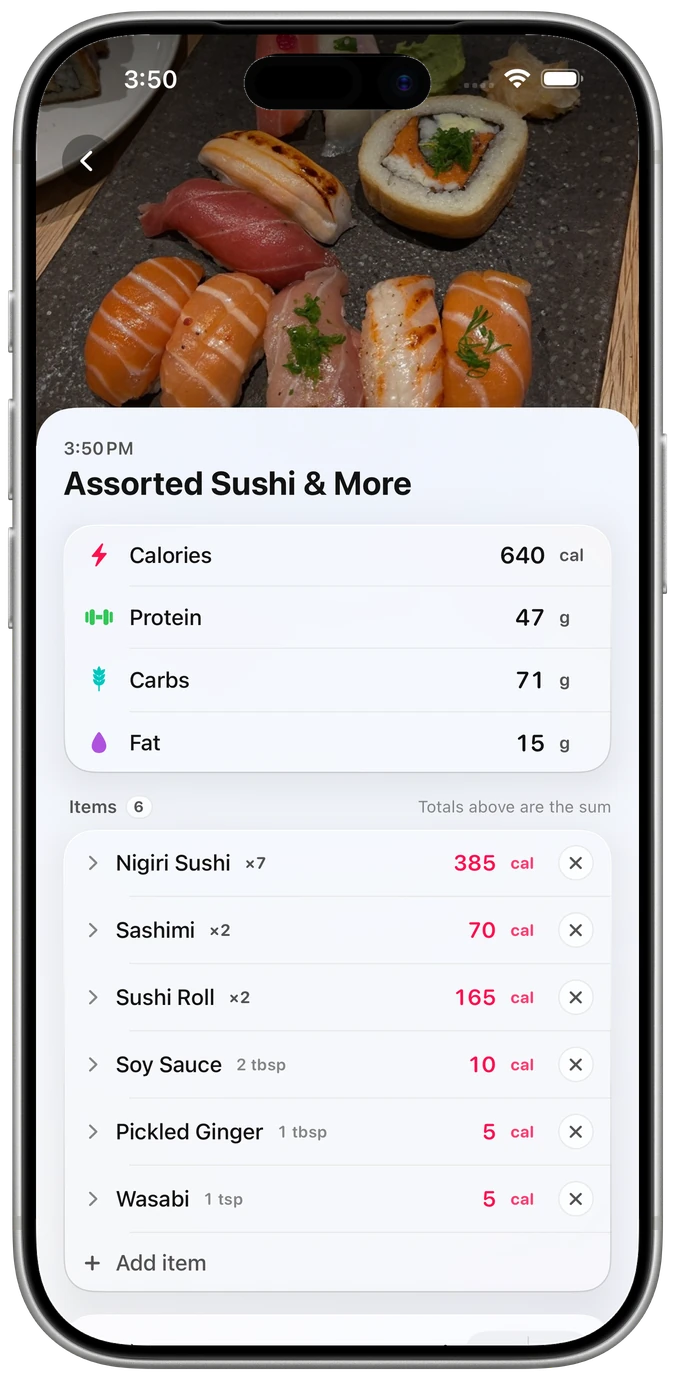 Sushi platter broken down in Meal Pic